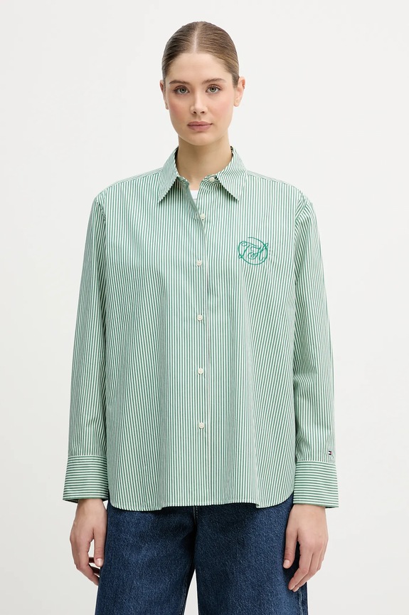 Tommy Hilfiger cămașă din bumbac lung verde WW0WW48190