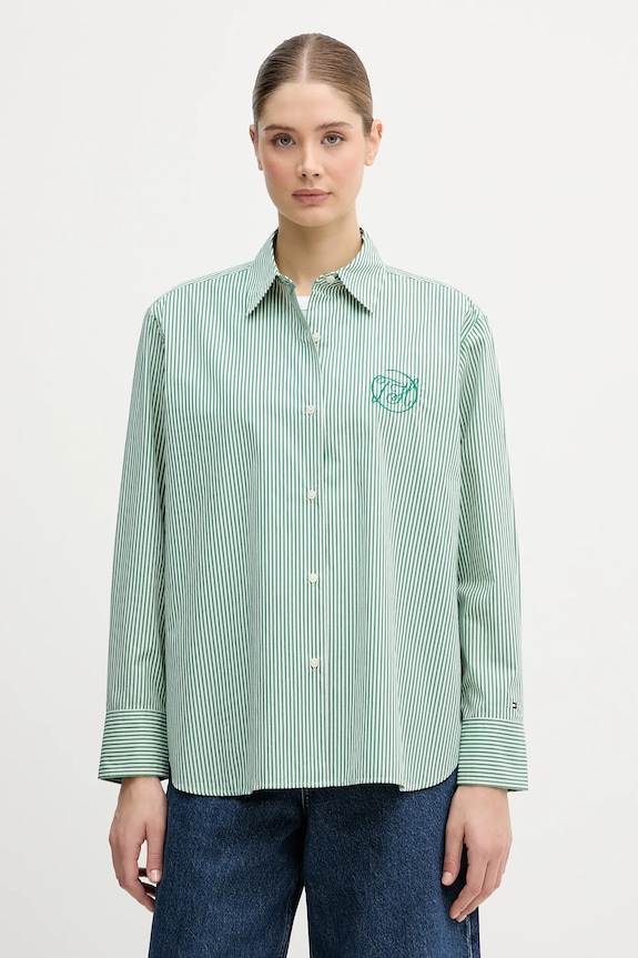 Tommy Hilfiger cămașă din bumbac lung verde WW0WW48190