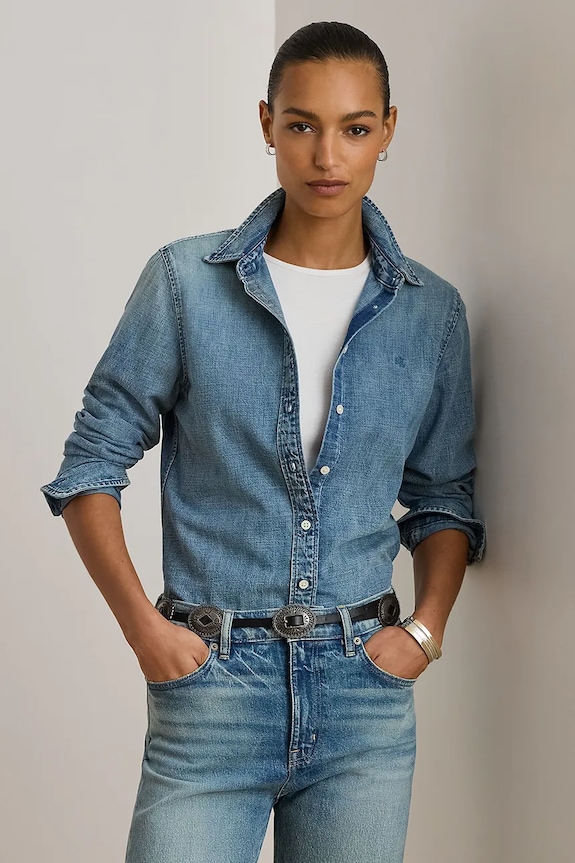 Bavlnená rifľová košeľa Lauren Ralph Lauren jednofarebný modrá 200P08166