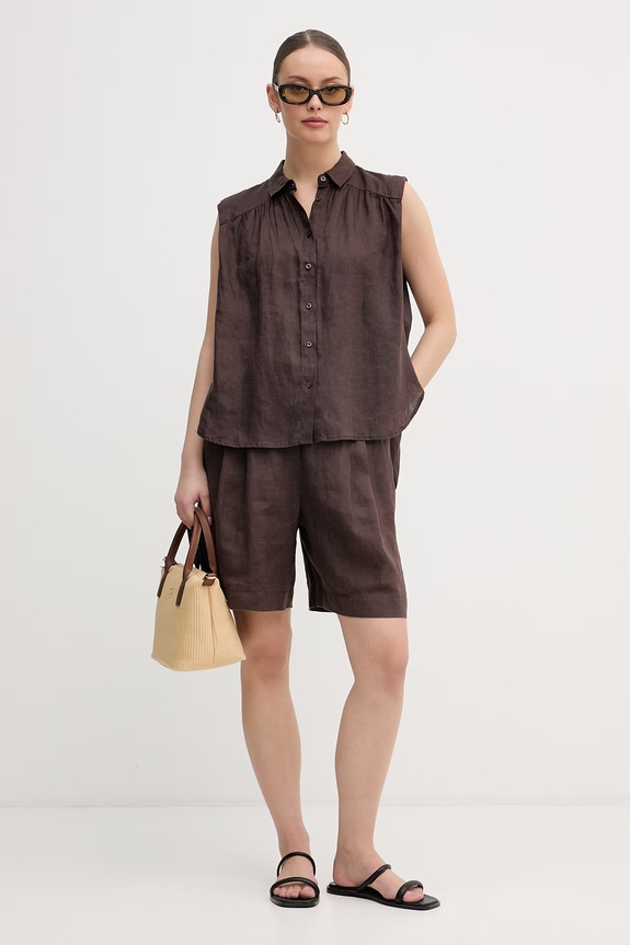 United Colors of Benetton košeľa dámska ľanová 5BMLDQ0E0 hnedá SS26