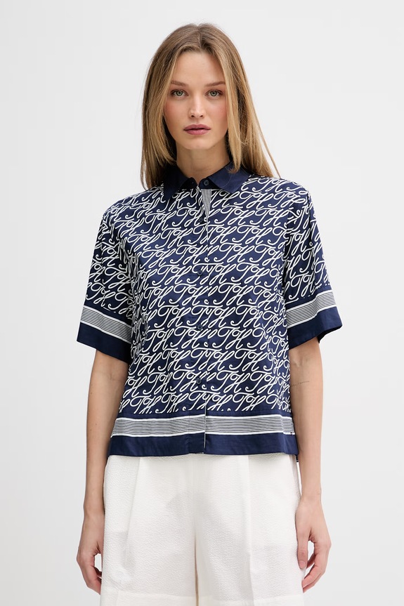 Tommy Hilfiger košeľa dámska s hodvábom SUMMER tmavomodrá WW0WW49547