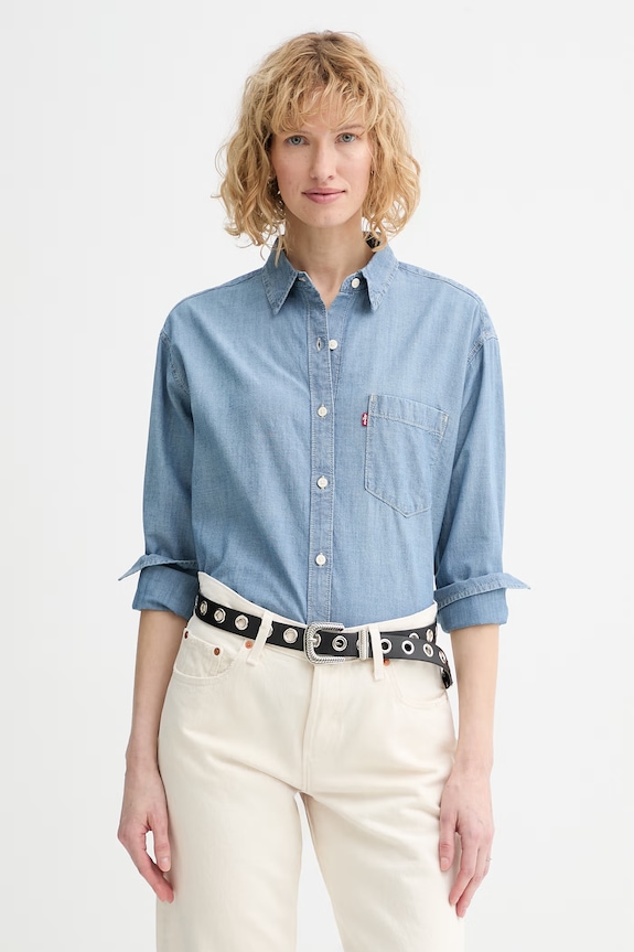 Levi's cămașă din bumbac HARLIE BOYFRIEND lung albastru 001HM.0021