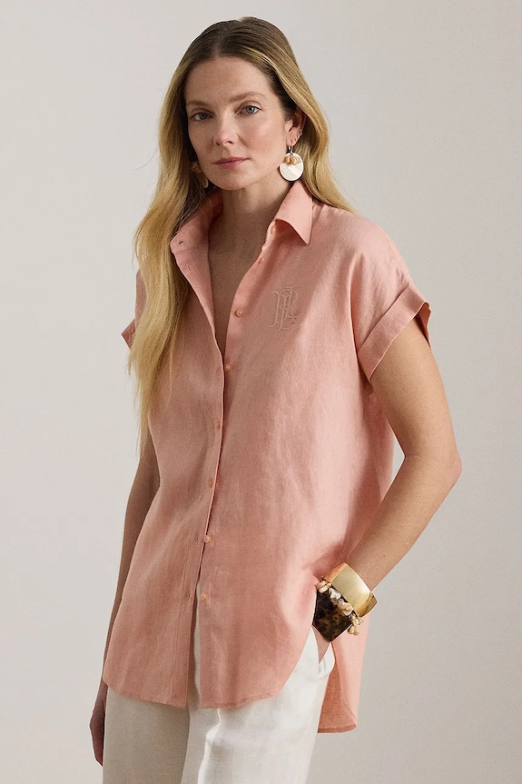 Lauren Ralph Lauren srajca ženska lanena oranžna 200874259