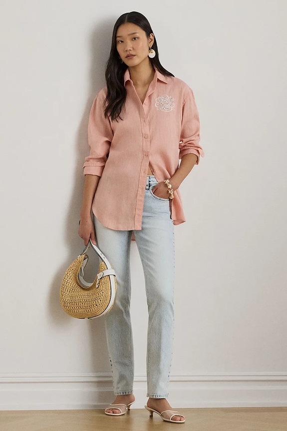 Odzież Lauren Ralph Lauren koszula damska lniana 200P08913 pomarańczowy