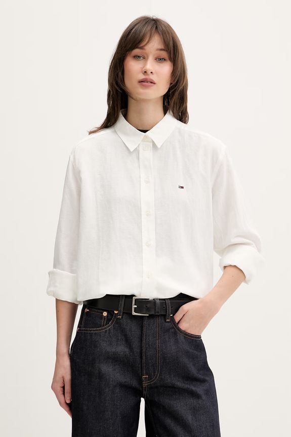 Tommy Jeans koszula damska z lnem beżowy DW0DW22209