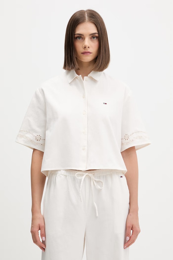 Odzież Tommy Jeans koszula damska z dodatkiem lnu DW0DW22214 beżowy