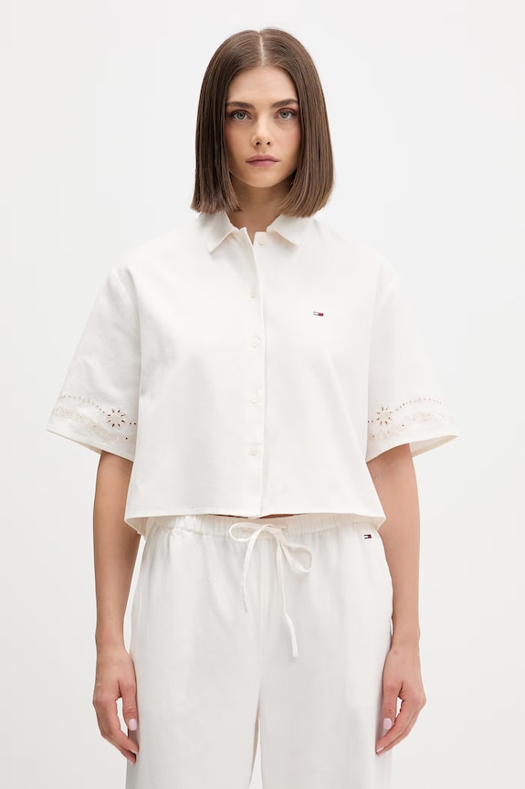 Odzież Tommy Jeans koszula damska z dodatkiem lnu DW0DW22214 beżowy