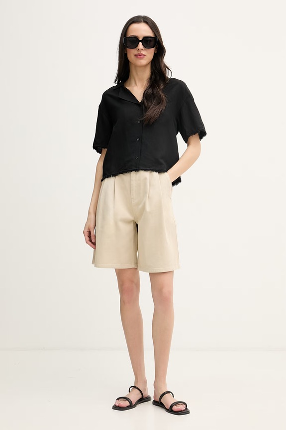 Tommy Hilfiger košeľa dámska s ľanom WW0WW48924 čierna SS26