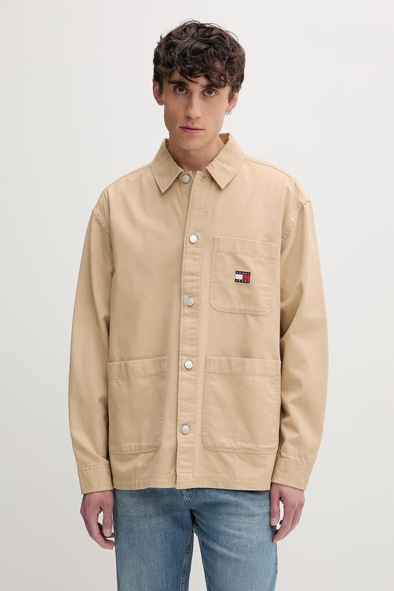 Tommy Jeans πουκάμισο ανδρικό βαμβακερό μπεζ DM0DM20236