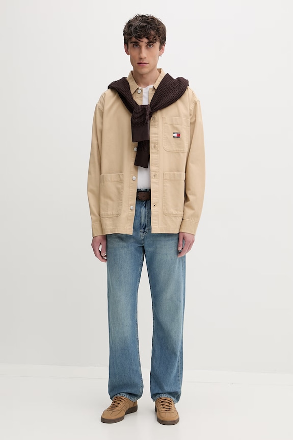 Tommy Jeans πουκάμισο ανδρικό βαμβακερό DM0DM20236 μπεζ SS26