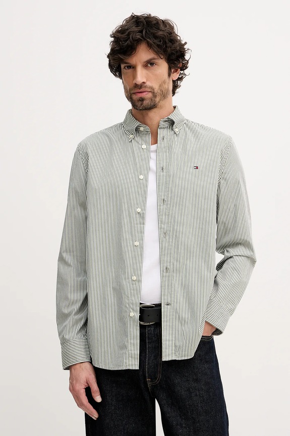 Tommy Hilfiger cămașă din bumbac lung verde MW0MW41403
