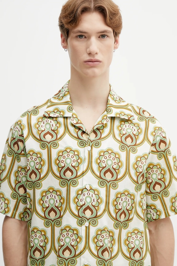 Drôle de Monsieur shirt with linen blend Chemise Lin Tapisserie Florale green J.SH228.LI012.GN