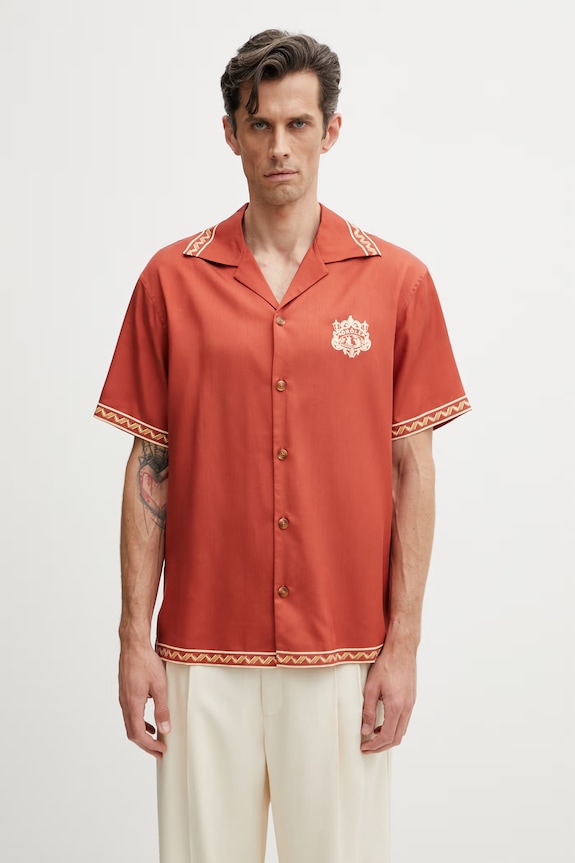 Oblačila Drôle de Monsieur srajca moška iz liocela Chemise Brodée Danseurs K.SH228.CLY001.BR oranžna