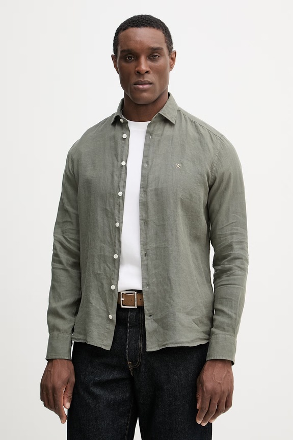 Hackett London koszula lniana regular zielony HM3010636