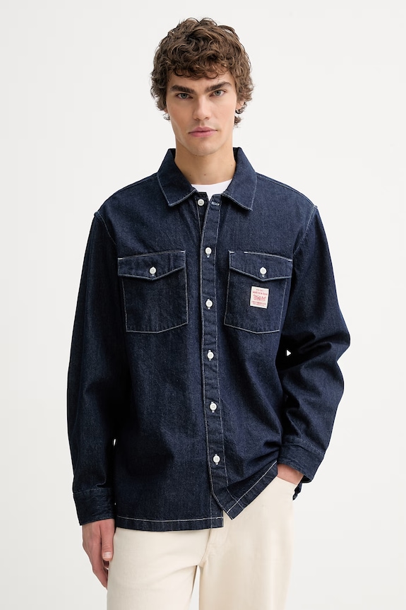 Βαμβακερό τζιν πουκάμισο Levi's LS WORKER - WW x WORKWEAR μακρύ σκούρο μπλε 003O2.0000