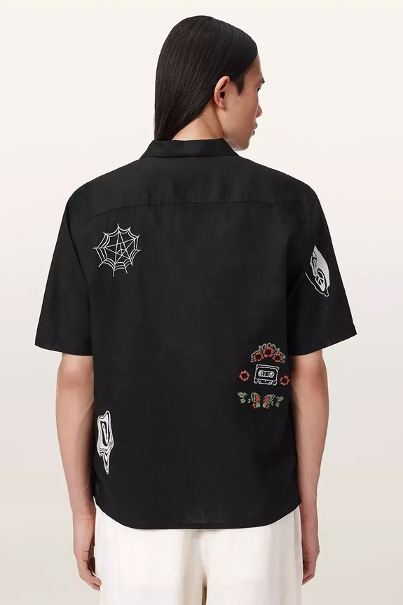Πουκάμισο με προσθήκη λινού AllSaints KARLTON M051SE μαύρο SS26