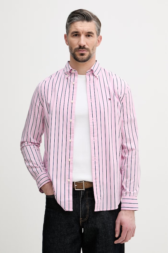 Tommy Hilfiger cămașă pentru bărbați de bumbac roz MW0MW42441