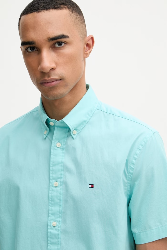 Tommy Hilfiger košile pánská bavlněná tyrkysová MW0MW42630