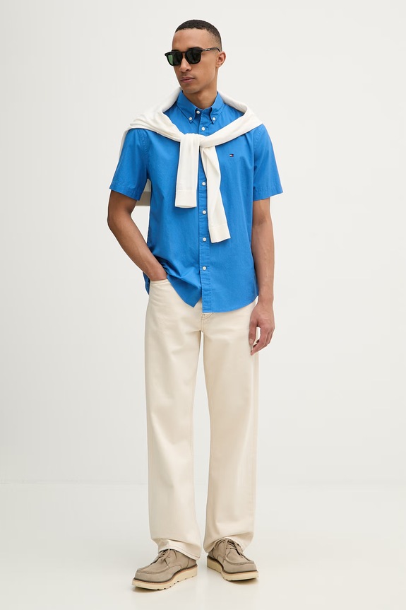 Tommy Hilfiger košeľa pánska bavlnená MW0MW42630 modrá SS26
