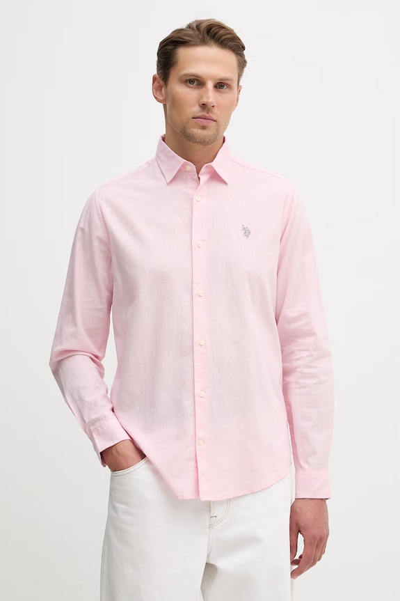 U.S. Polo Assn. Πουκάμισο σαφάρι ανδρικό με λινό LINEN BLEND LS μακρύ ροζ MUP3248