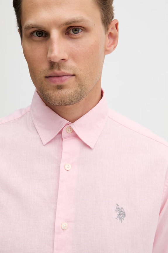 U.S. Polo Assn. Πουκάμισο σαφάρι ανδρικό με λινό LINEN BLEND LS ροζ MUP3248