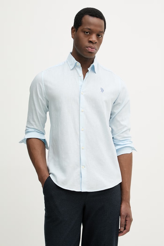 U.S. Polo Assn. πουκάμισο σαφάρι Ανδρικό με λινό LINEN BLEND LS μακρύ μπλε MUP3248