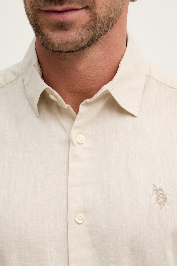 U.S. Polo Assn. Πουκάμισο σαφάρι ανδρικό με λινό LINEN BLEND LS MUP3248 μπεζ