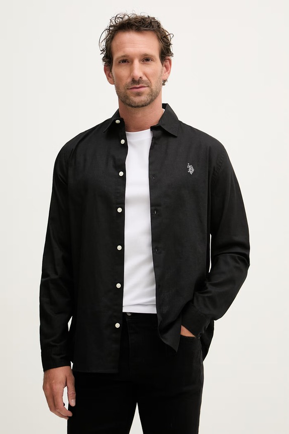 U.S. Polo Assn. Πουκάμισο σαφάρι ανδρικό με λινό LINEN BLEND LS μακρύ μαύρο MUP3248