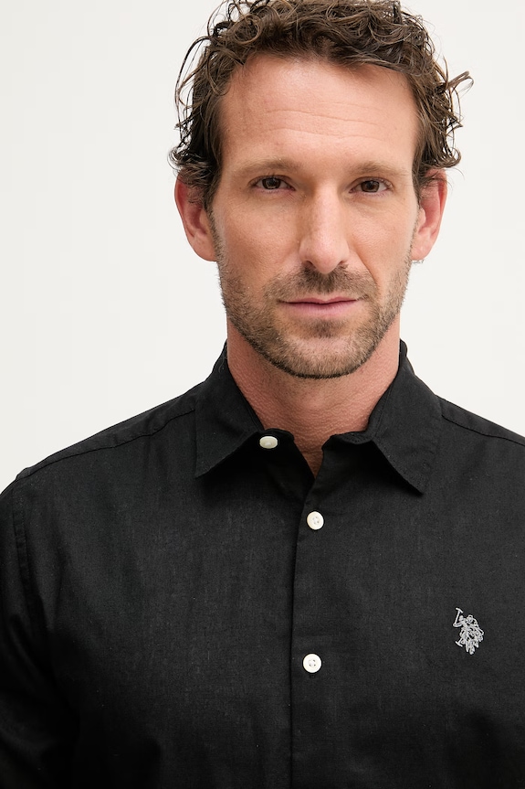 U.S. Polo Assn. Πουκάμισο σαφάρι ανδρικό με λινό LINEN BLEND LS μαύρο MUP3248