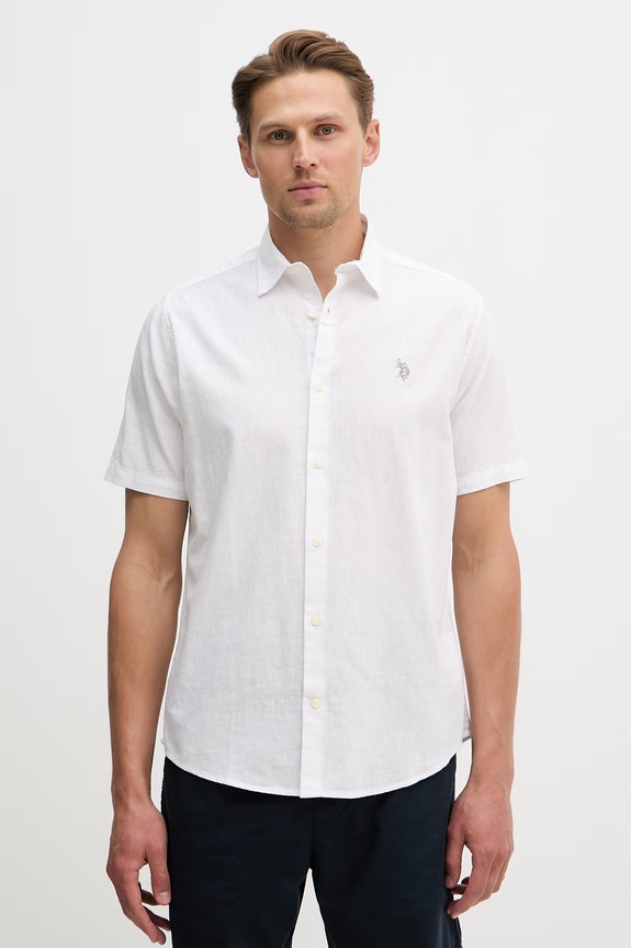Dětská košile ze směsi lnu U.S. Polo Assn. LINEN BLEND SS nášivka bílá MUP3254
