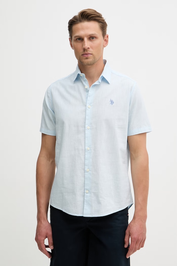 Dětská košile ze směsi lnu U.S. Polo Assn. LINEN BLEND SS nášivka modrá MUP3254