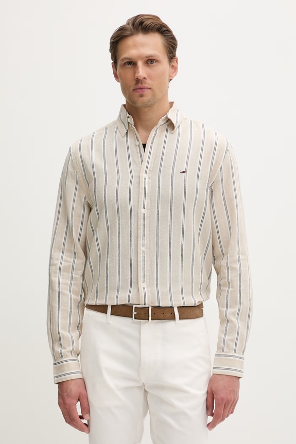 Tommy Jeans košeľa pánska s ľanom béžová DM0DM22755