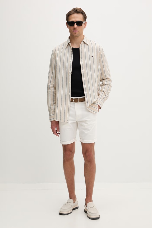 Tommy Jeans košeľa pánska s ľanom DM0DM22755 béžová SS26