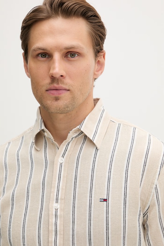 Tommy Jeans košeľa pánska s ľanom béžová DM0DM22755