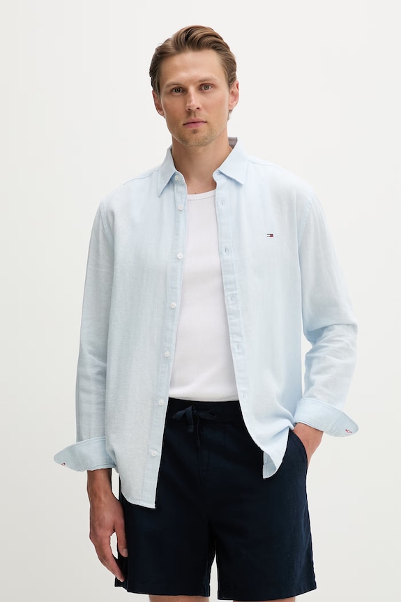 Tommy Jeans košeľa pánska s ľanom modrá DM0DM22761