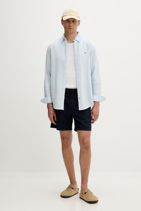 Tommy Jeans košeľa pánska s ľanom DM0DM22761 modrá SS26