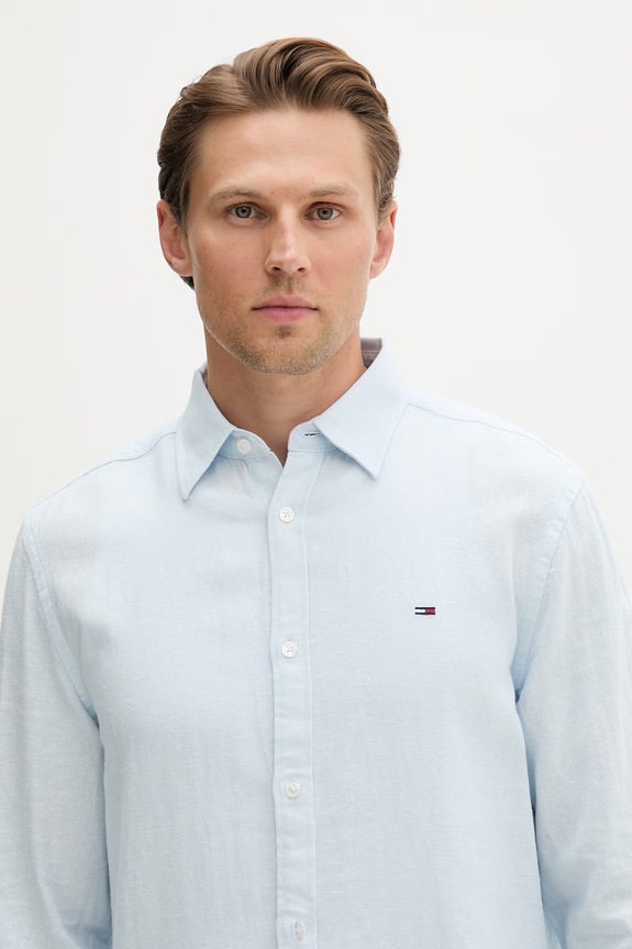 Tommy Jeans košeľa pánska s ľanom modrá DM0DM22761