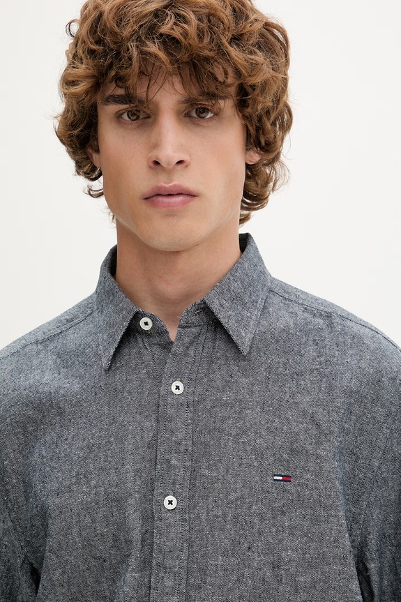 Tommy Jeans košeľa pánska s ľanom tmavomodrá DM0DM22761