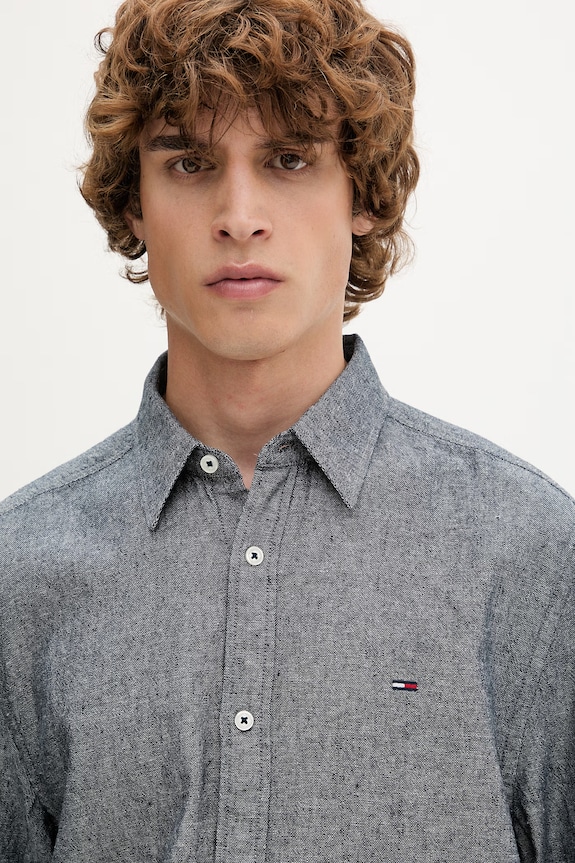 Tommy Jeans košeľa pánska s ľanom tmavomodrá DM0DM22761