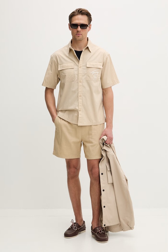 Tommy Jeans koszula męska bawełniana DM0DM22816 beżowy SS26