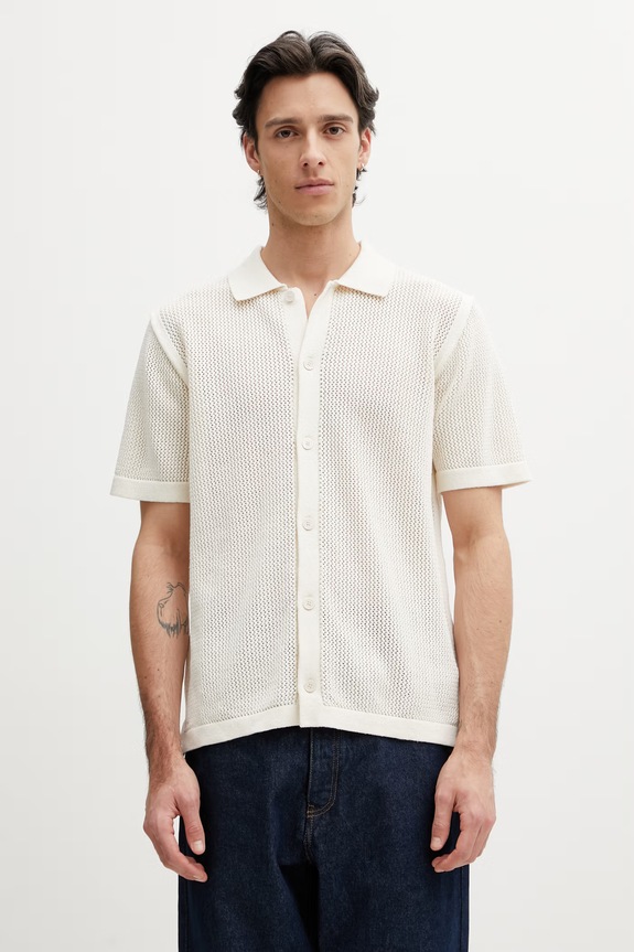 Maison Kitsuné Polo tricotat din bumbac pentru bărbați bej QM00505KT1197