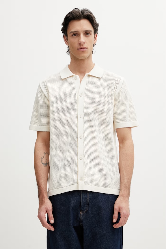 Maison Kitsuné Polo tricotat din bumbac pentru bărbați bej QM00505KT1197