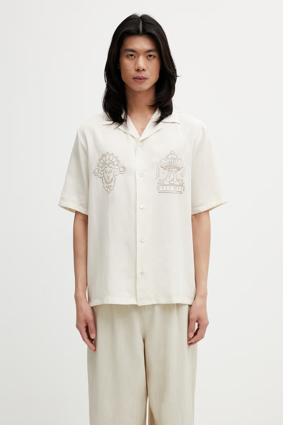 Maison Kitsuné Parisian Monuments Resort košeľa z lyocellu pánska QM00403WC5095 béžová