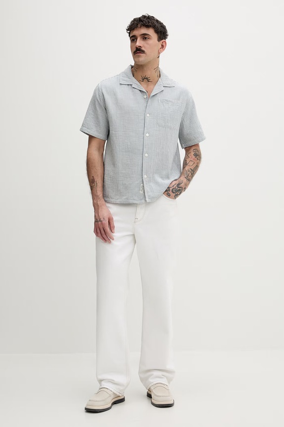 Guess Jeans košeľa pánska s prímesou ľanu M6GHB6.WO551 modrá SS26