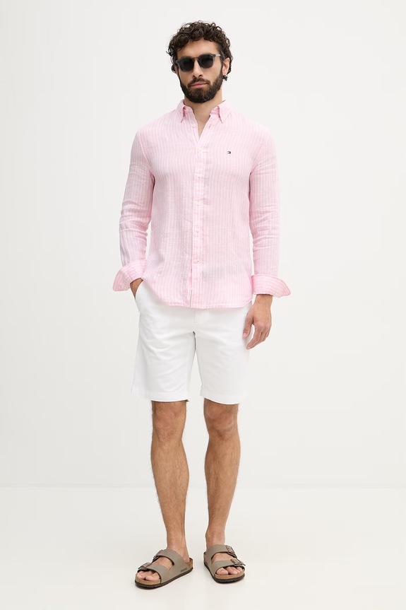Tommy Hilfiger košeľa pánska ľanová MW0MW42400 ružová SS26