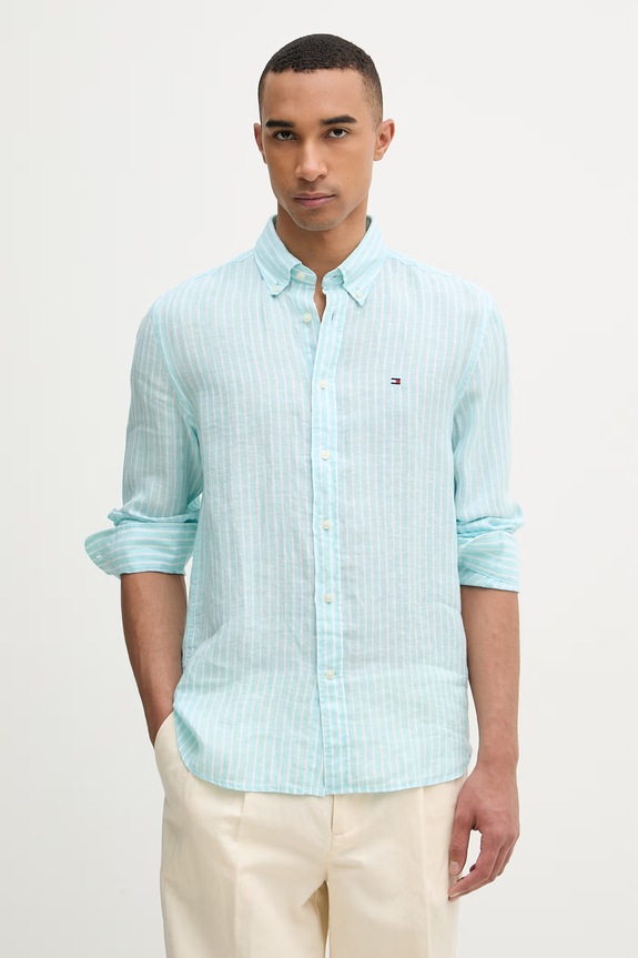 Tommy Hilfiger Πουκάμισο ανδρικό λινό τιρκουάζ MW0MW42400