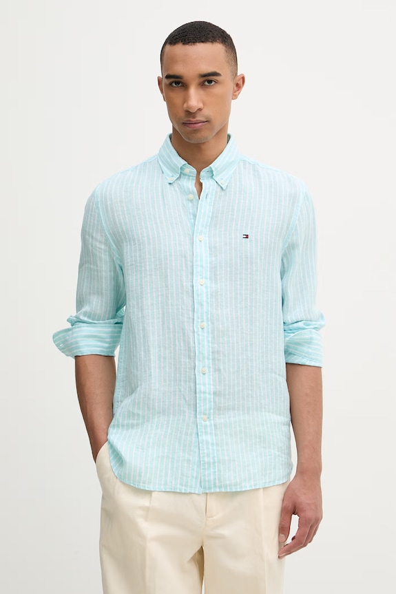 Tommy Hilfiger Πουκάμισο ανδρικό λινό τιρκουάζ MW0MW42400