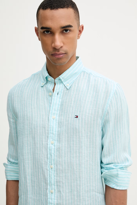 Tommy Hilfiger Πουκάμισο ανδρικό λινό τιρκουάζ MW0MW42400