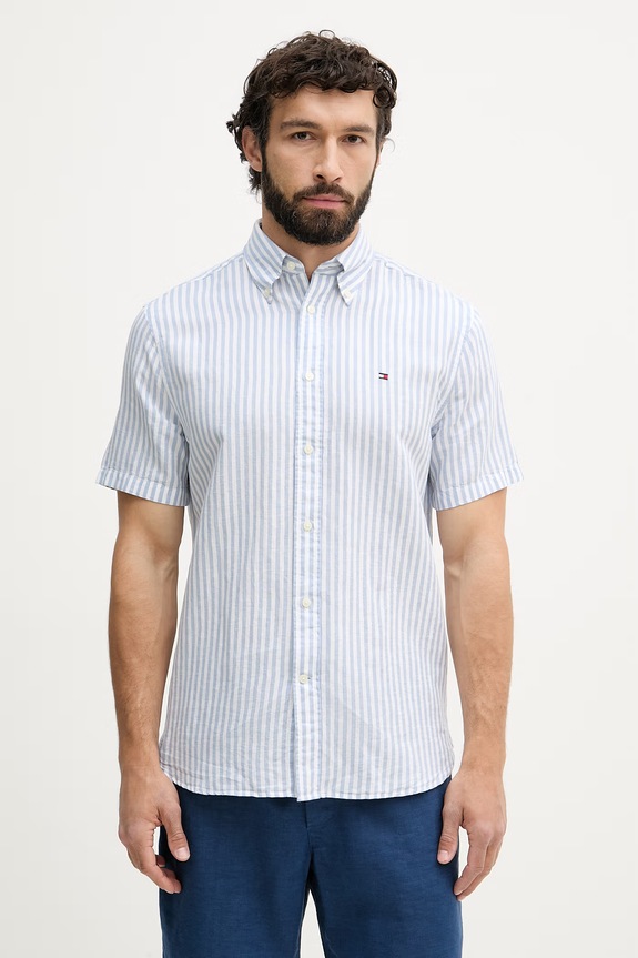 Tommy Hilfiger koszula męska z lnem niebieski MW0MW42449