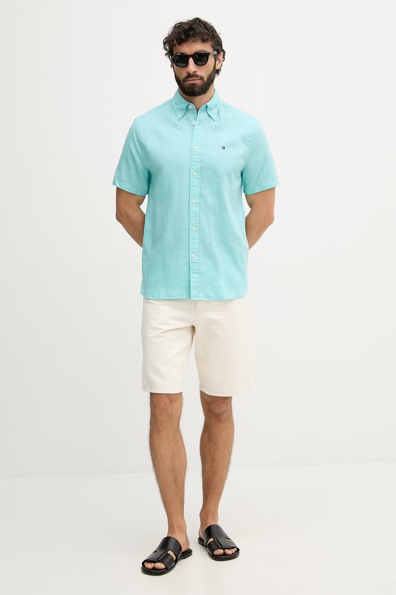 Tommy Hilfiger cămașă pentru bărbați, cu in MW0MW42450 turcoaz SS26